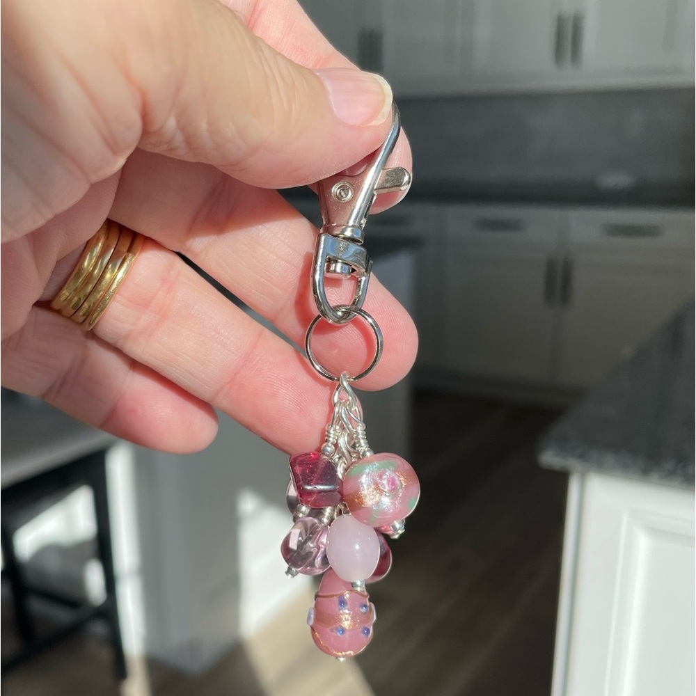 Handmade Pink Bead Grape Hand Bag Charm Keychain Snap Hook Clip